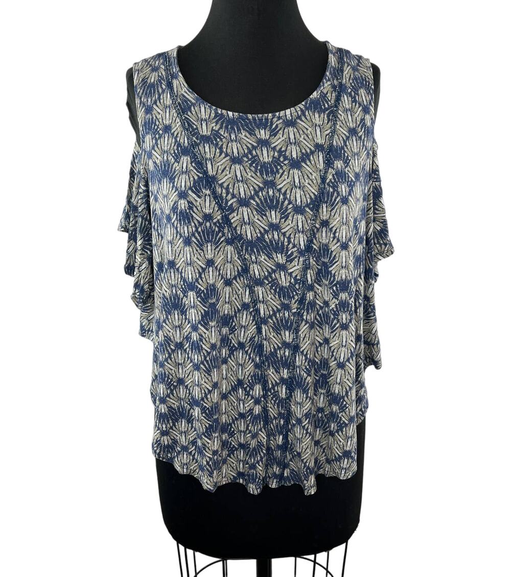 We The Free People Blue White Cold Shoulder Short Sleeve Print Top Size XS